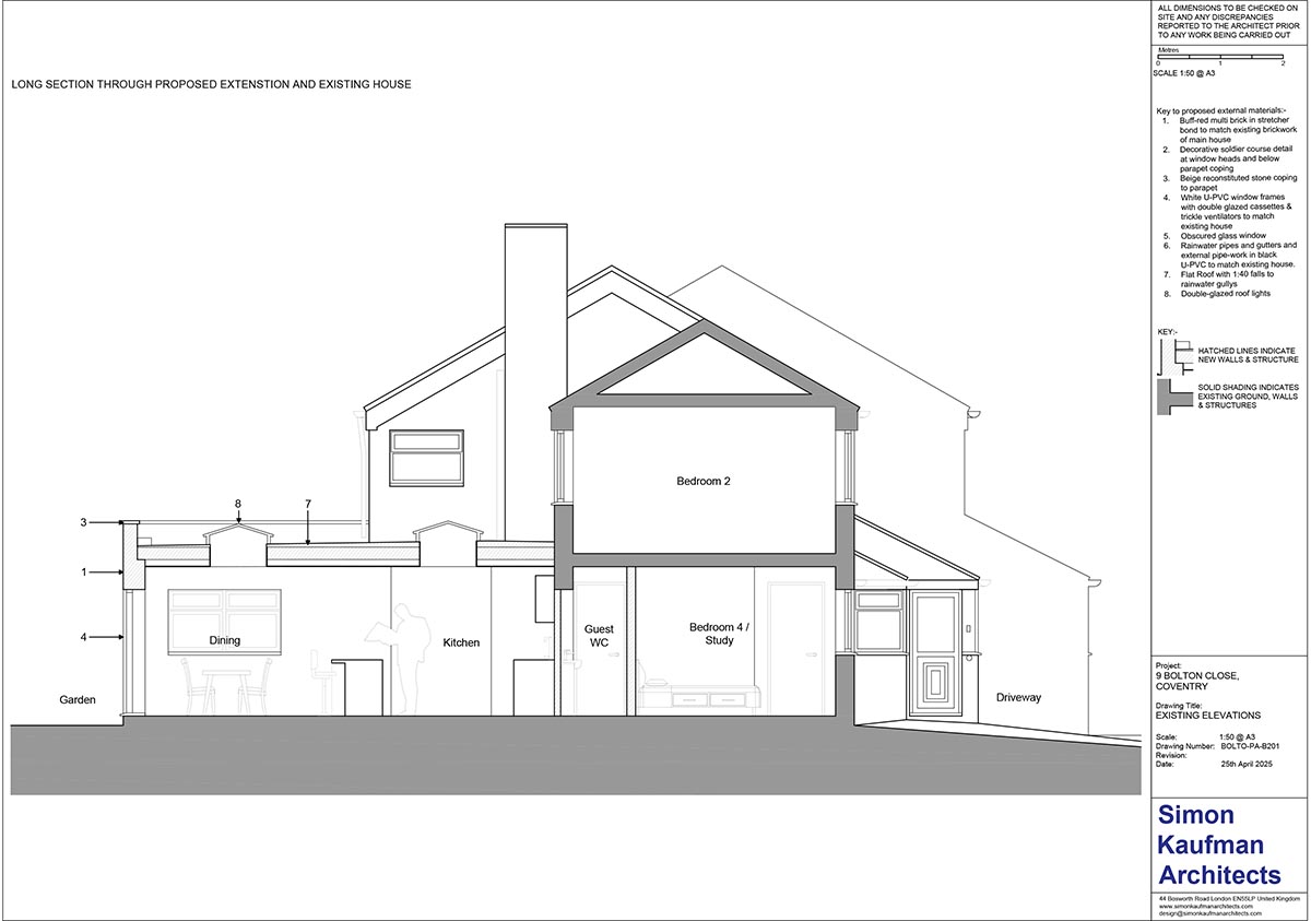 Proposed architectural section drawing of a two-storey family home extension at 9 Bolton Close, Coventry, showing the demolition of an existing side garage and the addition of a rear and side ground-floor extension to create expanded living spaces, including a new ground-floor bedroom and bathroom for improved accessibility
