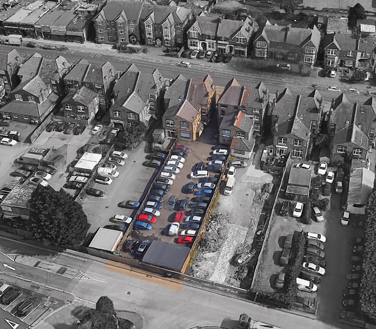 Aerial View of Site Aerial photo showing backland development site behind Green Lanes commercial frontage in Palmers Green, Enfield.