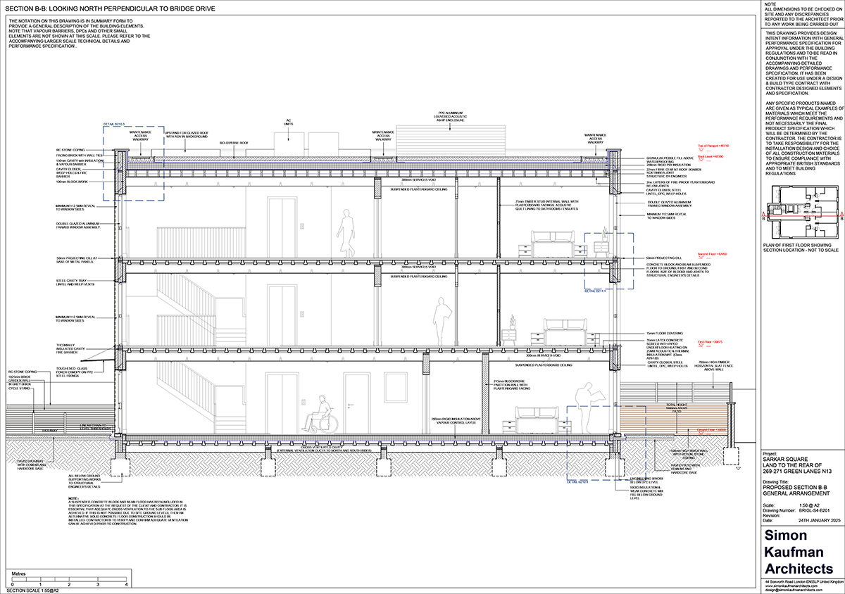 Building Regulations Section Technical section through the building showing insulation, floor build-up, structure, and roof details for Building Regulations compliance.