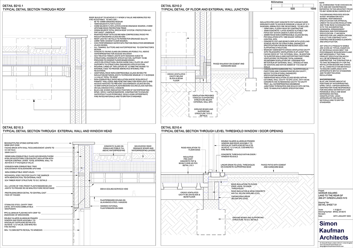 1:10 Construction Details Detailed 1:10 construction drawings showing key wall, floor, and roof junctions for building control submission.