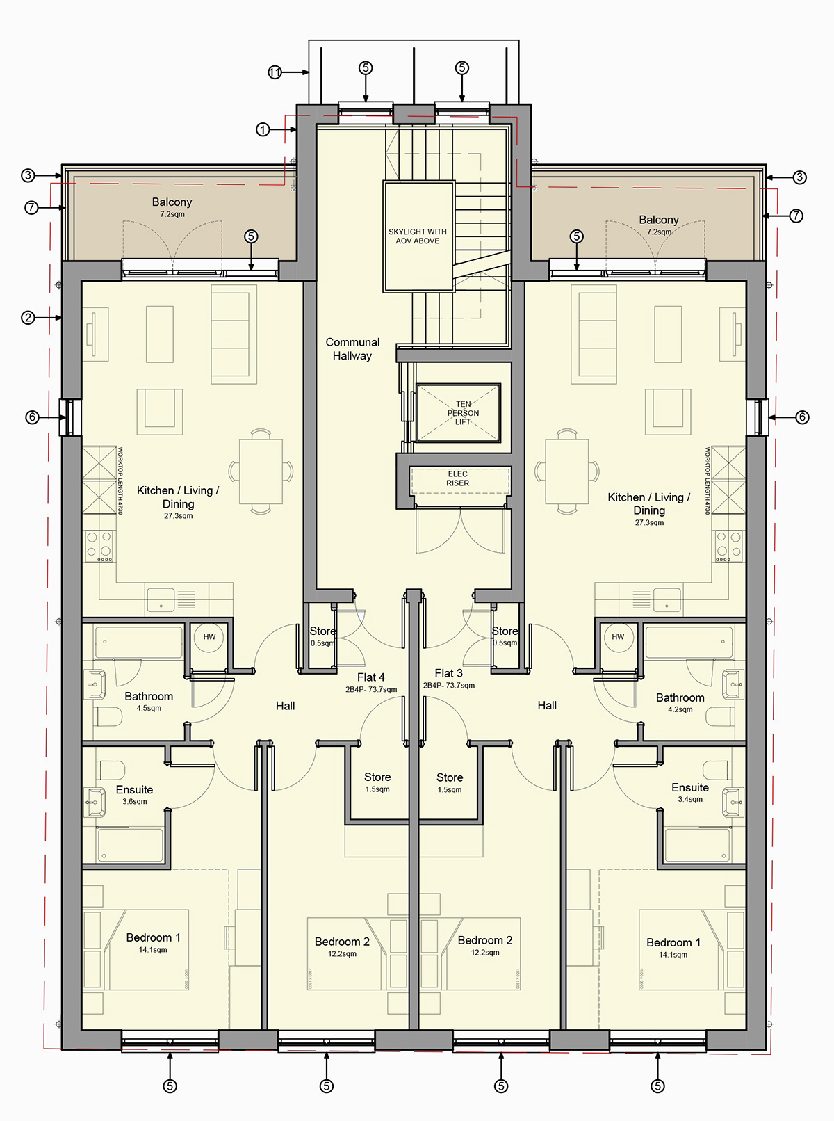 Proposed Floorplans Architectural floorplans showing layout of six new-build apartments, including M4(2) compliant units and ground floor wheelchair-accessible flat.