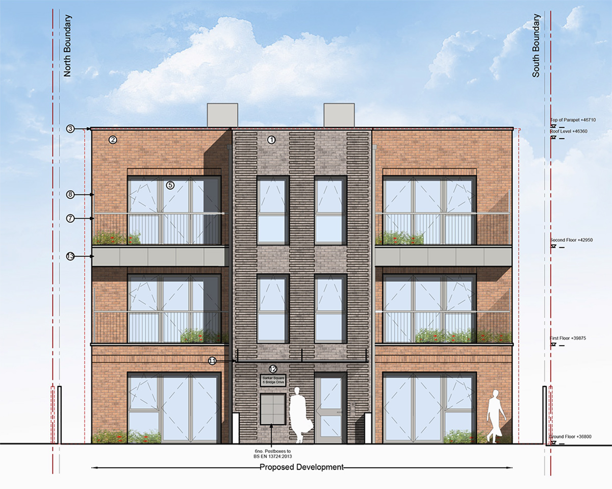 Proposed Front Elevation Front elevation drawing highlighting decorative brickwork entrance and street-facing façade of new residential block.
