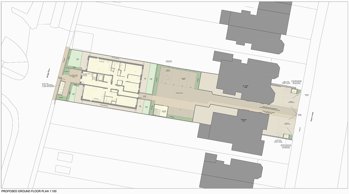 Proposed Site Plan Architectural site plan of 269&ndash;271 Green Lanes showing new apartment block layout and access route between Victorian buildings