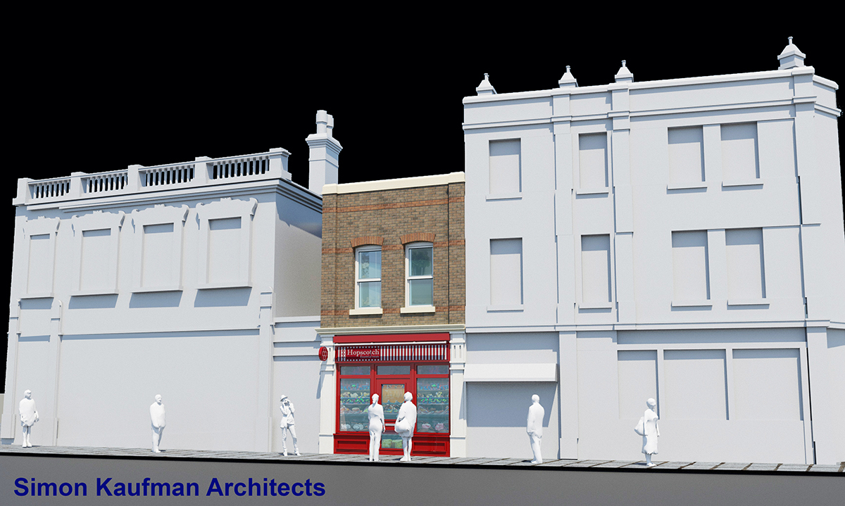 CGI showing proposed one-bedroom flat above Hopscotch Sweet Shop, with conservation-led façade detailing and retained historic shopfront.