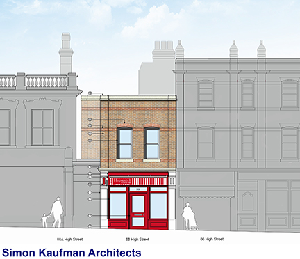 Front elevation drawing in full colour, illustrating detailed façade design, material finishes, and integration with existing shopfront