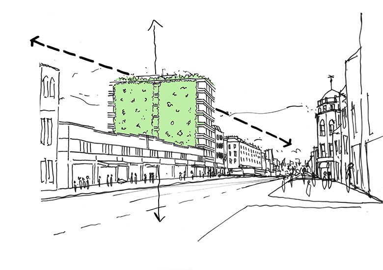Kilburn High Road Design Concept - skecth showing the green wall