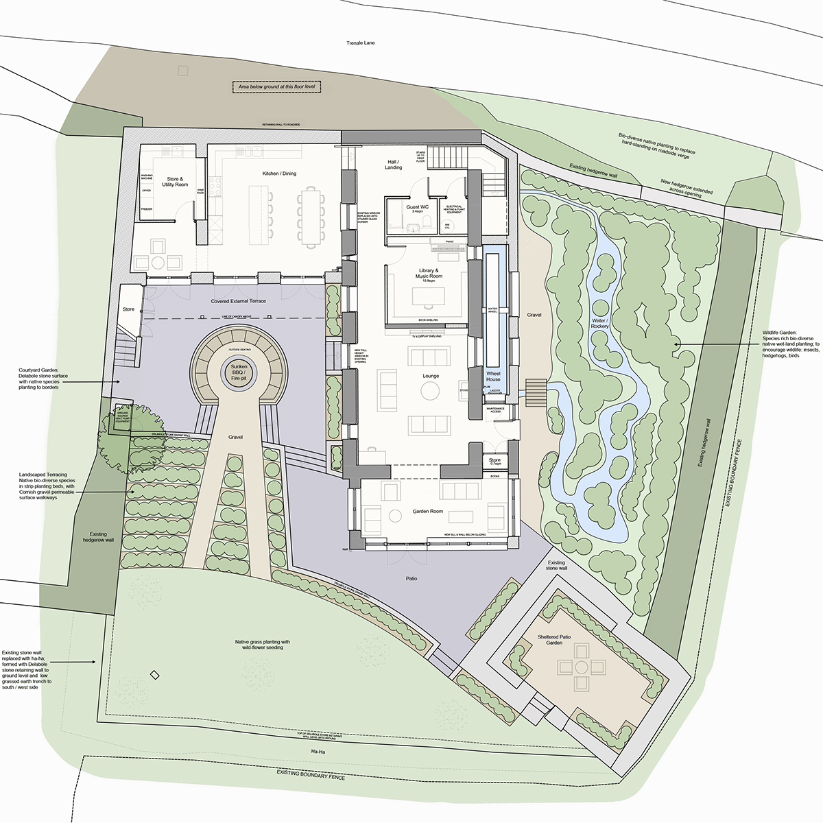 Proposed site plan for Menadue Mill refurbishment project – Architectural site layout showing landscaping, new extension, reconfigured access, and wetland habitat within the Cornwall National Landscape.