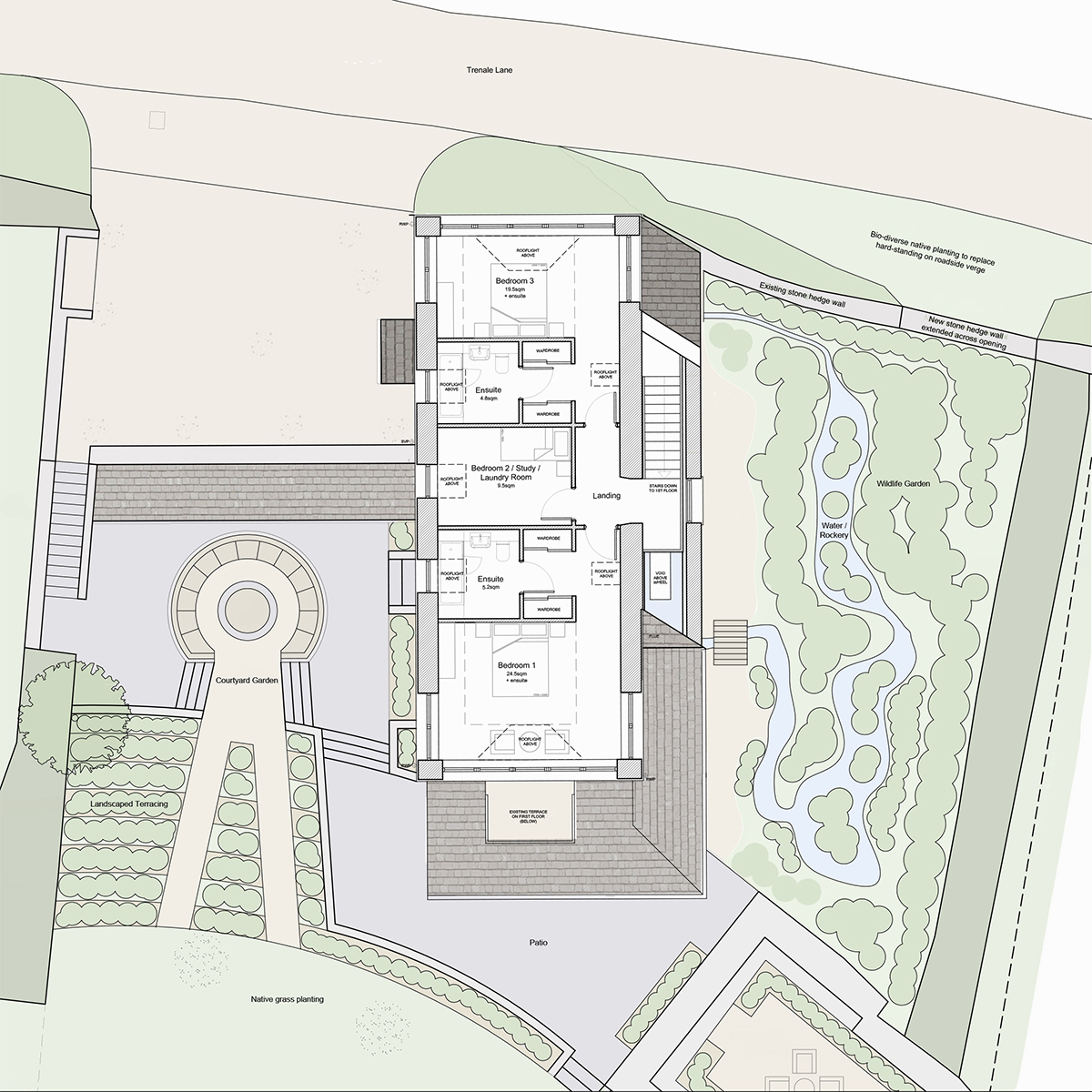 Proposed second floor plan with modest roof raise at Menadue Mill – Top floor layout improving headroom and usability, with minimal visual impact on original building silhouette.