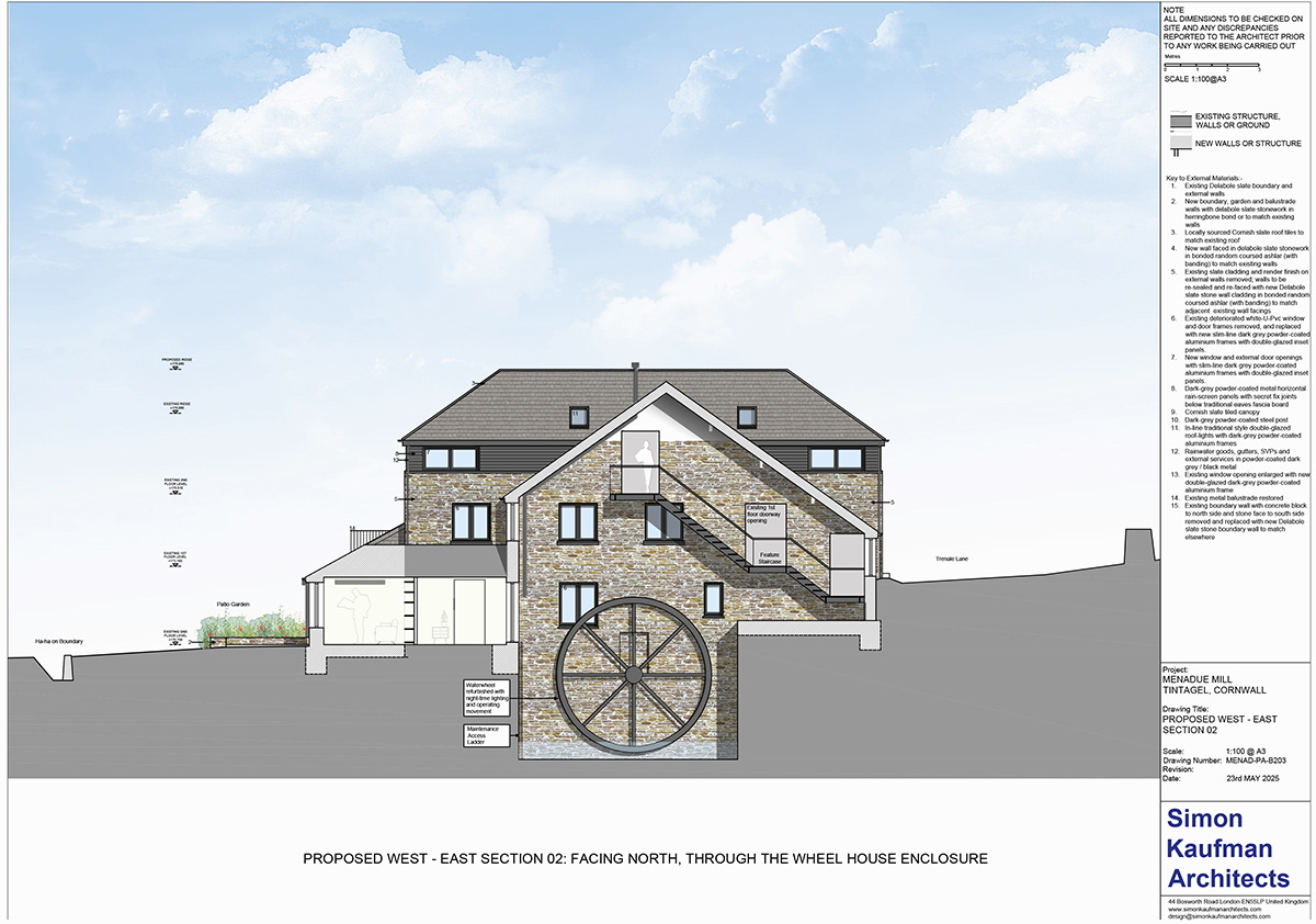 Section through waterwheel house showing feature stair – Detailed sectional drawing of the new 'wheelhouse' structure with cantilevered industrial-style stair above historic waterwheel.