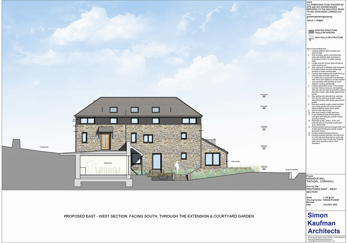 Section through kitchen and dining room extension with courtyard garden – Architectural section showing internal spatial arrangement and integration of extension with outdoor space.