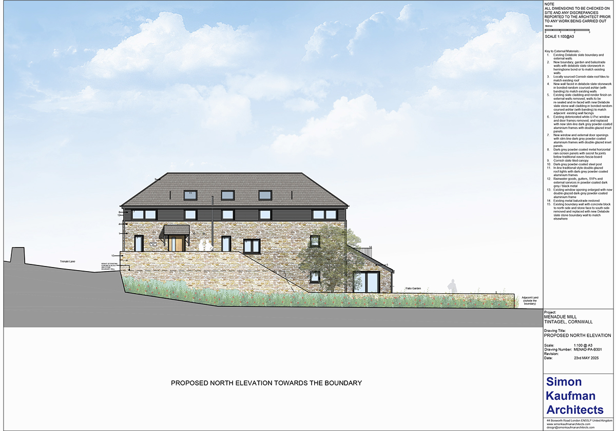 Proposed north elevation of Menadue Mill with extension – Elevation drawing showing the new single-storey stone and glass extension recessed into the north-facing slope and hidden from view