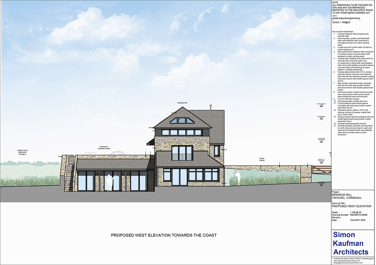Proposed west elevation of refurbished Menadue Mill – Architectural elevation showing restored original stonework and new contemporary interventions.