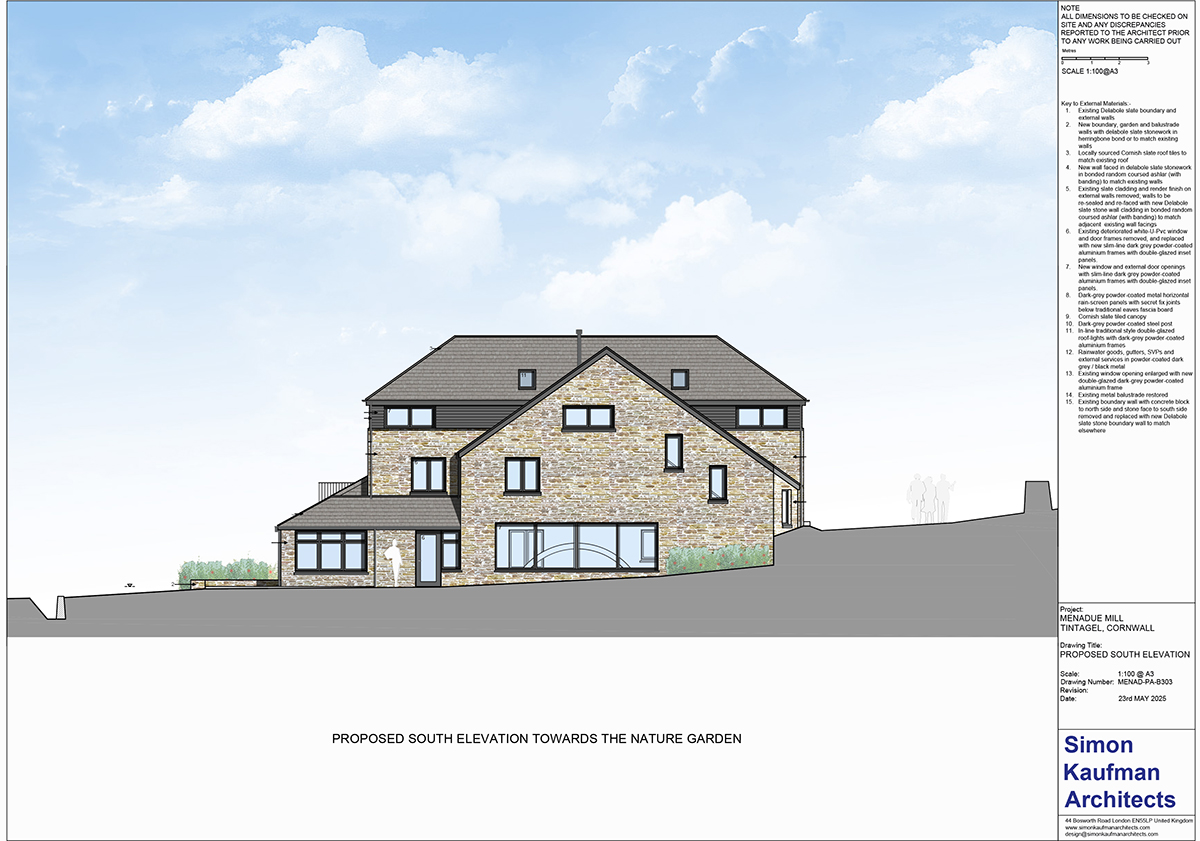 Proposed south elevation of wheelhouse at Menadue Mill – Elevation showing the new glazed structure housing the historic waterwheel, designed to blend with the existing mill façade.