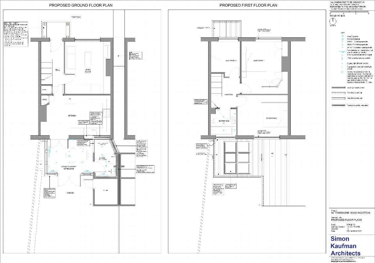 Proposed Floorplans The floorplans illustrate internal reconfiguration works across both ground and first floors. Key improvements include the new open-plan kitchen/dining garden room and a rationalised first-floor layout where storage and bathroom spaces are merged to form a single, functional family bathroom. Materials and construction notes are included for clarity.