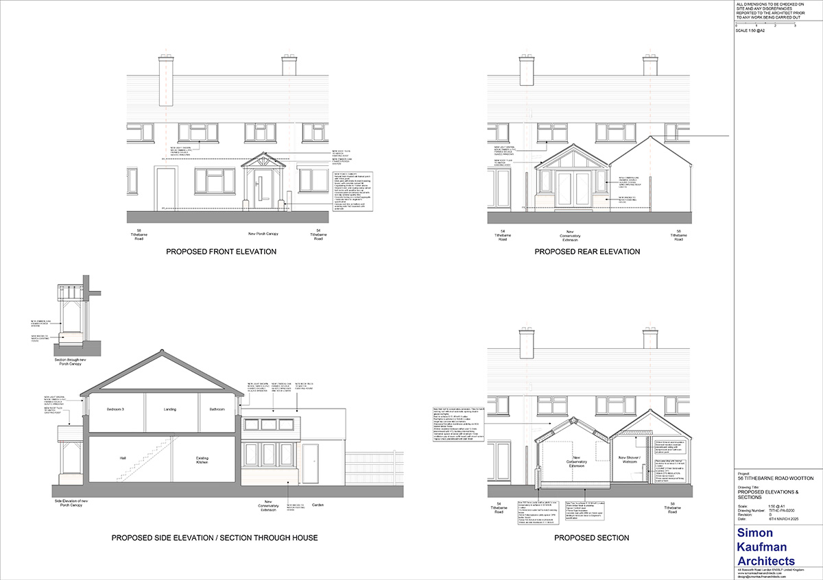 All Proposed Elevations (Sheet) This sheet presents the full set of proposed building elevations, including front, rear, and side views. It highlights all new works, including the reconfigured porch, rear extension, and updated openings. Materials, finishes, and key construction notes are clearly marked for planning purposes.
