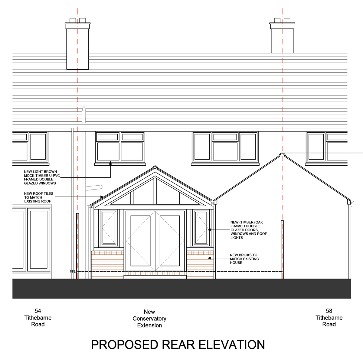 Proposed Rear Elevation This detailed architectural elevation drawing shows the proposed garden-facing side of the property, including the new glazed conservatory and timber-framed openings. Materials are noted throughout, illustrating the use of natural oak, high-performance glazing, and matching brickwork to integrate with the existing structure.
