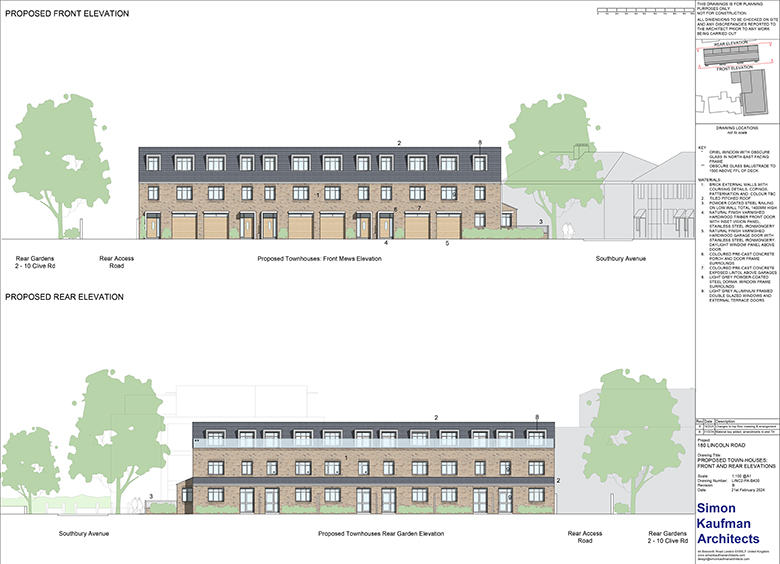 Front and rear elevations of the townhouses with materials