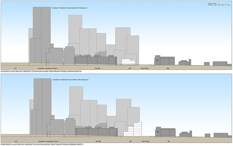 context sections for the outline application show the existing and proposed building in the emerging local context