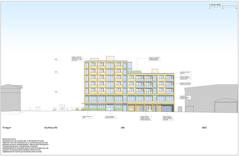 illustrative elevations for the outline application show the general disposition of the mixed-use building
