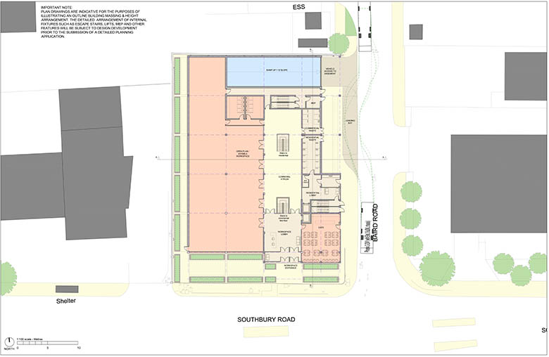 illustrative schematic plans for the outline application show the general disposition of the mixed-use building