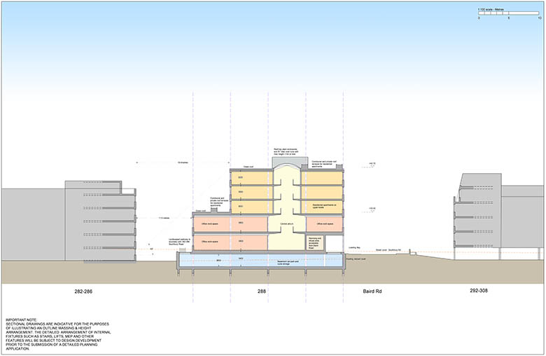illustrative sections for the outline application show the general disposition of the mixed-use building